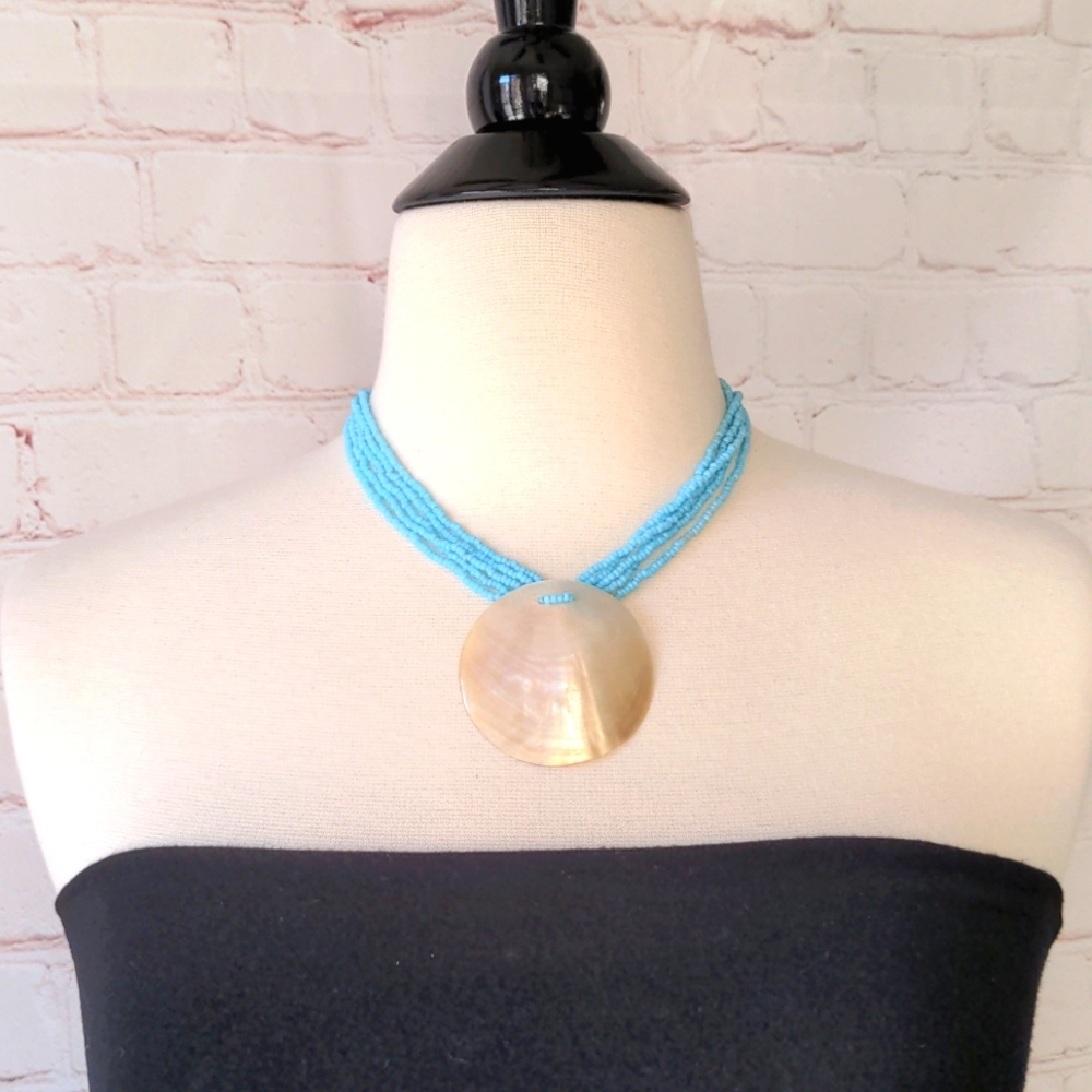 🌞🌞Boho Shell Pendant Necklace Turquoise Seed Bead Beachy Vacation Vibes